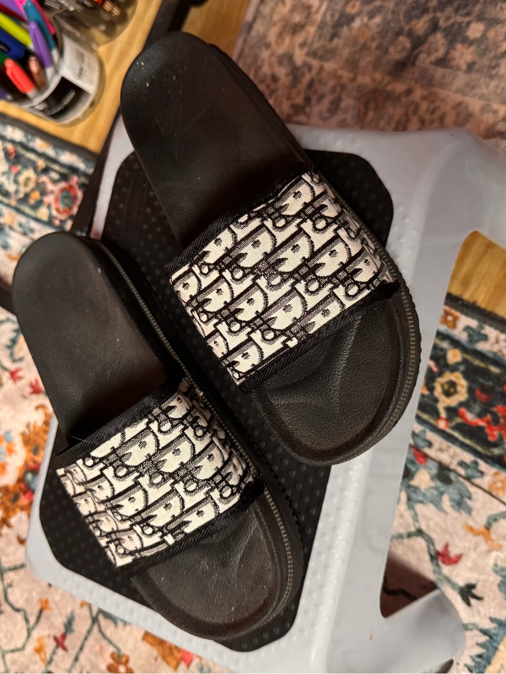 Black Slide Sandals with Monogram Canvas Strap